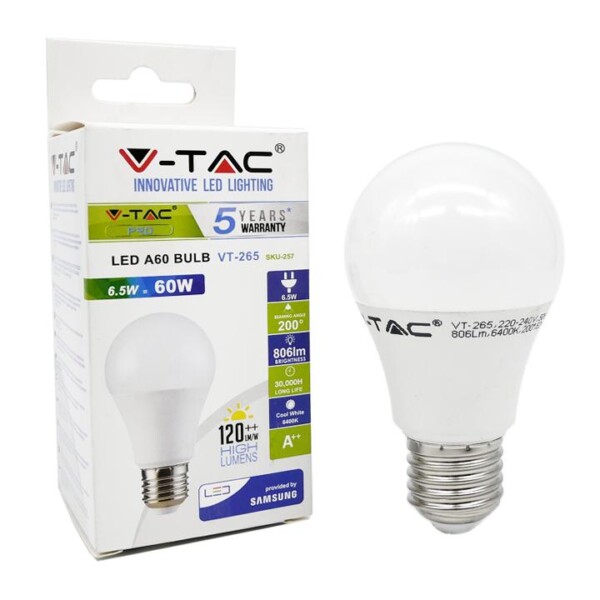LED LAMPADINA - SAMSUNG CHIP 6.5W E27 A++ A60 PLASTICA 4000K